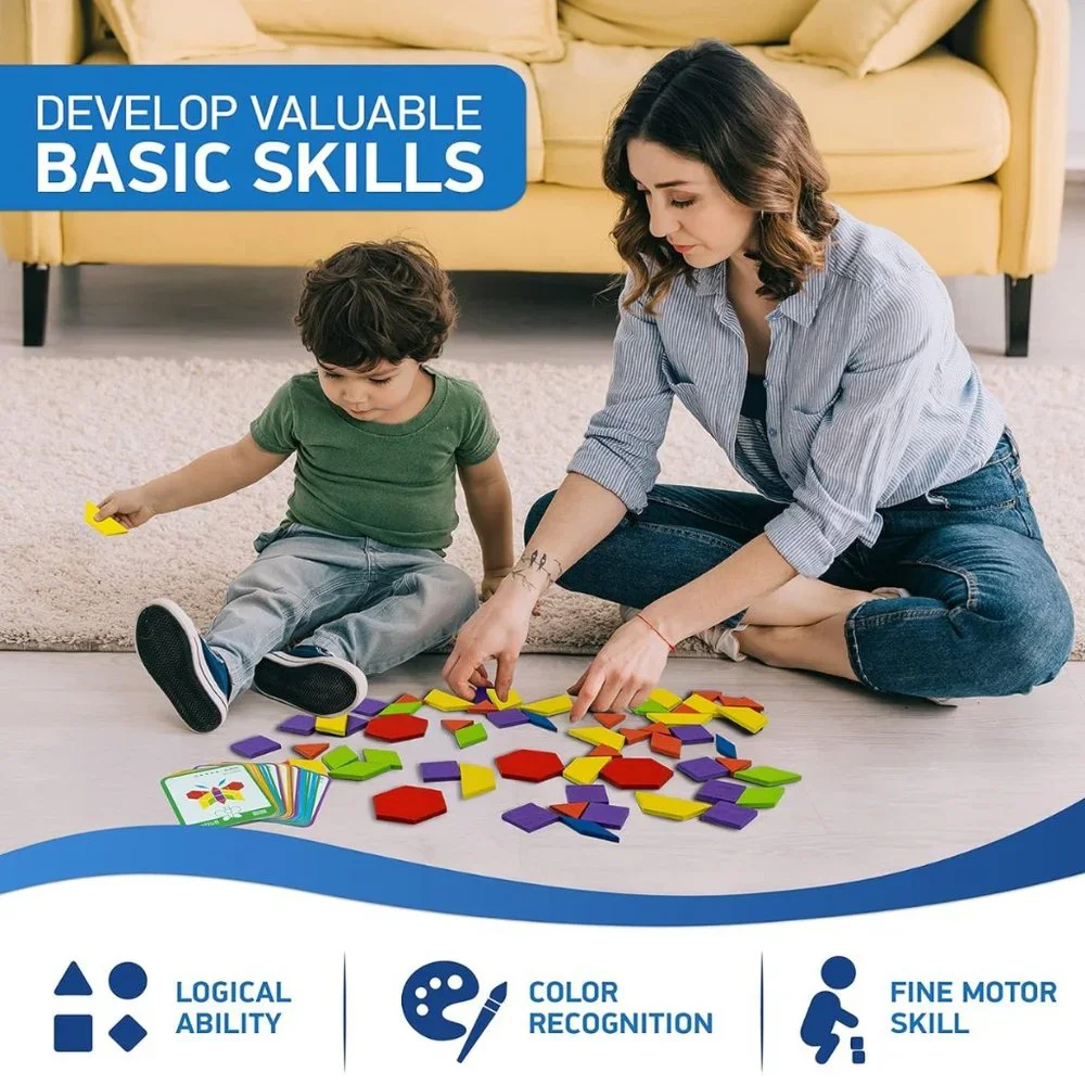 155 Pcs Wooden Pattern Blocks with 24 Design Cards